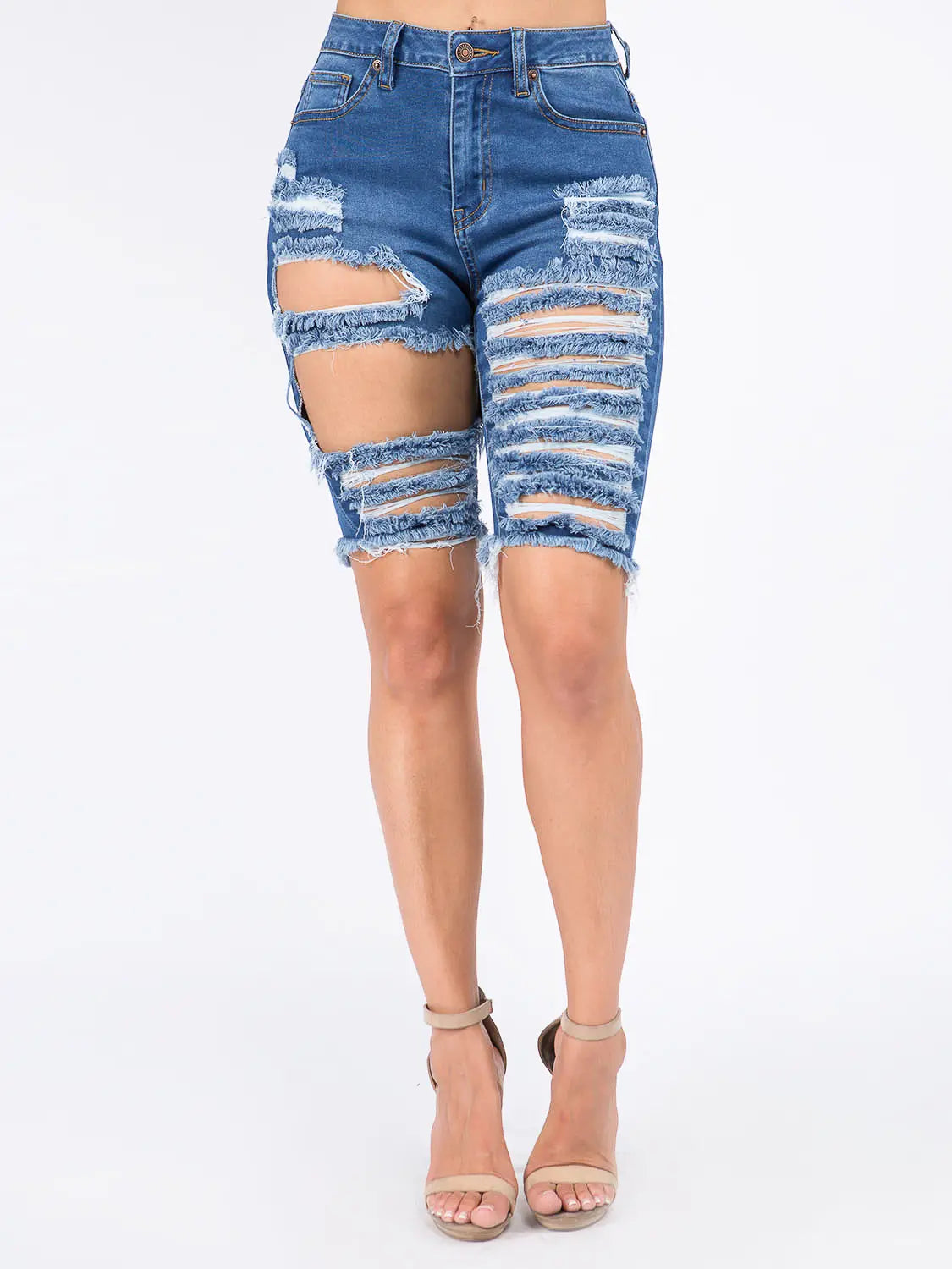 High Waist Distressed Denim Bermuda Shorts The Boss Beauty Boutique