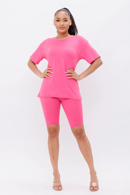 Round neck T-shirt top & bike shorts set - The Boss Beauty Boutique