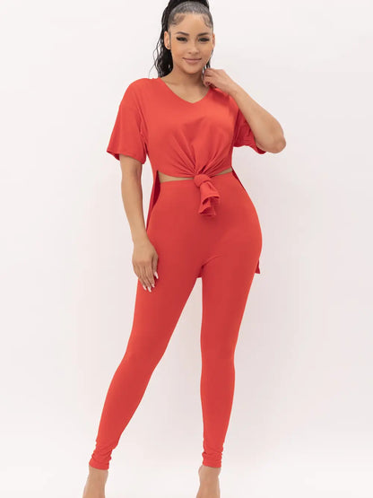 V neck side slits top & leggings set - The Boss Beauty Boutique