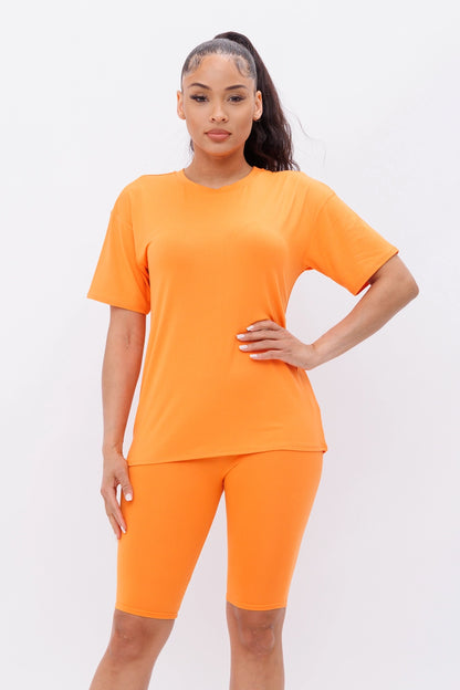 Round neck T-shirt top & bike shorts set - The Boss Beauty Boutique